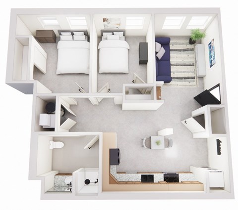 Floor plan for 2 beds, 1 bath, 907 sqft